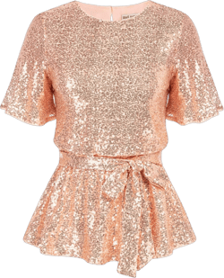 Women Sequined Party Tops Short Bell Sleeve Crew Neck Tie Elastic Waist Peplum Tops Rose Gold L
