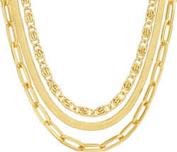 Nautica 14K Gold Plated Brass Necklace - Three Row Layered Statement Chain Necklace for Women, Yellow Swirl/Herringbone/Paperclip