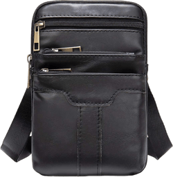 Cell Phone Shoulder Bag Leather Men, Waterproof Phone Waist Bag Messenger Bag Crossbody Purse with Belt Loop Wallet Case Black