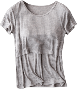 Womens Cotton Blend Nursing Top for Pregnancy and Postpartum Double Layer Shirts Fall Short Sleeve Round Neck Tops Gray X-Large