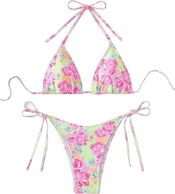 SweatyRocks Women's 2 Piece Triangle Bathing Suit Halter Top ​Tie Side Thong Bikini Swimsuits Small Pink and Green Flower