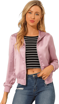 Allegra K Women's Casual Bomber Jacket Windbreaker Fall 2024 Zip Up Lightweight Satin Hooded Outerwear X-Large Dirty Pink