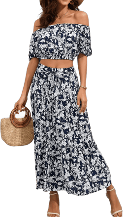 BLUEMING Women's Summer Floral Printed 2 Piece Outfit Off Shoulder Crop Top and Boho Tropical Long Skirt Set XX-Large Navy