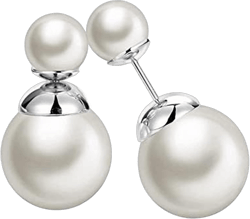 Zittop Double Sided Front Back Peek A Boo Ball Faux Pearl Beads Womens Fashion Elegant Tribal Stud Earrings (Silver)