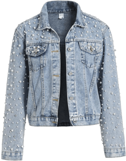 Kedera Women's Embroidered Pearls Rivet Denim Jacket Casual Loose Short Jean Coat