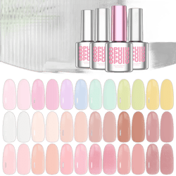 OPUIU 24 Jelly Gel Nail Polish Kit Pastel Nude Pink Translucent Gel Polish Set with Base Top Matte Top Coat Gift for Women Girls B-MACARON