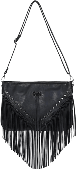 IAMUHI Casual Rivets Fringed Shoulder Handbag for Women,Soft Vegan Leather Hippie Crossbody Purse Bag Hobo Bag A-black