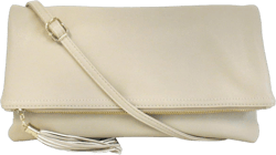 JNB Women's Faux Leather Zipper Foldover Clutch Purse with Tassel Beige