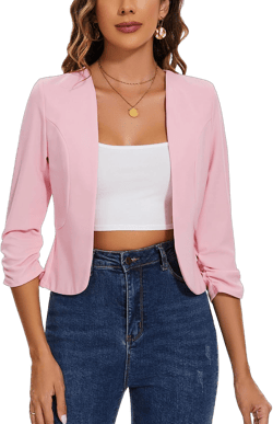 MINTLIMIT Womens Cropped Blazer Suit Jacket 3/4 Ruched Sleeve Open Front Blazer Casual Work Office Suit Jacket Coat Tailored Outfit,Pink,L