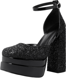 Mettesally Women's Stacked Platform High Heels Square Toe Chunky Thick Heel Sandals Ankle Strap Block Heeled Pumps Fashion Party Platform Shoes 6 Black Glitter
