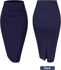 G&Y Women's Elastic Waist Stretch Bodycon Midi Pencil Skirt - Premium Nylon Ponte Office Straight Skirt Large Navy Blue