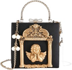 QZUnique Women Love Angel Floral Evening Bag Rose Embossed Formal Purse Clutch Black Gold Crossbody Pearl Chain Shoulder Bag Angel Black