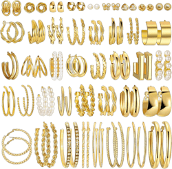 41Pairs Gold Hoop Earring Sets for Women, Fashion Chunky Pearl Earrings Multipack Twisted Statement Earring Pack Small Pearl Earrings for Gift ﻿