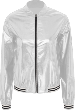 Freebily Women Shiny Metallic Bomber Jacket Lightweight Front Zip Long Sleeve Jacket Coat Outerwear X-Large Silver