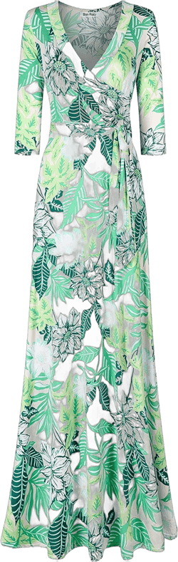Women's Super Stretchy Maxi Party Dress Spring Floral Print Faux Wrap 3/4 Sleeve V-Neck Medium Ivory2