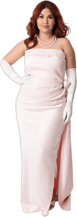 Barbie™ x Unique Vintage Pink Satin Strapless Enchanted Evening Gown | Light Pink