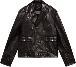 Men’s black leather biker jacket with glossy effect