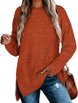 Qearal Women's Long Sleeve Fuzzy Knitted Sweater Popcorn Side Split Loose Pullover Tops XX-Large Rust