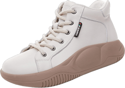 Women's Genuine Leather High Top Sneakers Platform Ankle Boots, Lace Up Comfortable Soft Sole Round Toe Fashion Casual Sneakers 5 White