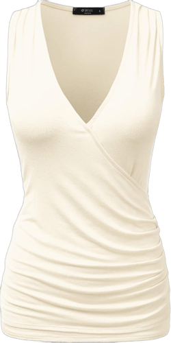 DOUBLJU Tank Tops For Women Cami Deep V Neck Sleeveless Satin Ruched Hem Tops Casual Basic Wrap T Shirts with Plus Size Large Ivory