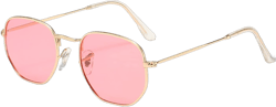 Hexagon Sunglasses For Women Men Polarized Square Sunglasses UV Protection Polygon Metal Frame Sun Glasses Gold/Pink