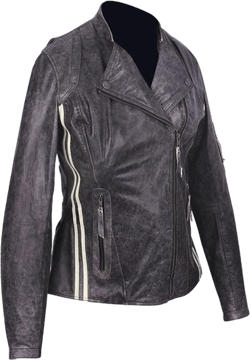 Vance Distressed Grey Women's Biker Leather Jacket with Vertical Stripes