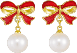 Silver Bow Earrings for Women Sparkle Earrings Long Silver Earrings Dangle Rhinestone Drop Earrings Bling Gold Bowknot Earrings Gold Dangle Earrings 5_Red pearl bow earrings