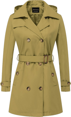 CREATMO US Women's Trench Coat Double-Breasted Classic Lapel Overcoat Belted Slim Outerwear Coat with Detachable Hood 3X-Large Olive Yellow