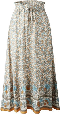 Women Floral Printed Elastic Waist Tie A Line Bohemian Beach Long Maxi Skirt X-Large Apricot