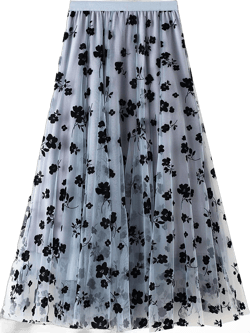 Women's Tulle Skirts 3D Floral Embroidery Lace Layered Elastic High Waist Tutu Midi Skirt Pleated Mesh A-Line Skirt One Size Mesh Floral Blue