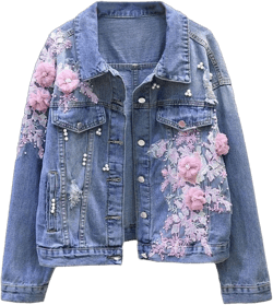 Spring Autumn Denim Jacket Women Embroidery Flowers Hole Cowboy Outerwear Casual Jean Coat XX-Large Pink