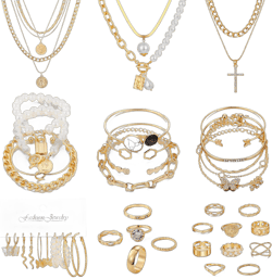 KISS WIFE Gold Jewelry Set for Women, Multi Layered Necklaces Stackable Bracelets Knuckle Rings and Hoop Earrings Sets, Fashion Vacation Jewelry Costume Jewelry Packs (Casual)