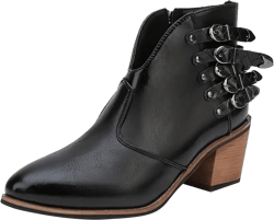 Ankle Boots for Women, Vintage Ankle Booties With Belt Buckle Side Zipper Low Heel Shoes Fashion Leather Short Boots 5.5 Black