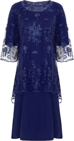 Jelory Womens Elegant Embroidery Lace Cocktail Party Midi Dress Plus Size Short Sleeve Wedding Guest Dresses Small Navy Blue