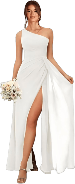 GATMAHE Women's One Shoulder Chiffon Pleated Bridesmaid Dresses Ruched High Slit Formal Dresses A-Line Wedding Guest Gowns Ivory 16 Plus
