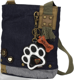 Chala Patch Cross-Body Women Handbag, Blue Denim Canvas Messenger Bag Pawprint B&w - Denim
