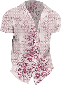 Mens Casual Short Sleeve Hawaiian T Shirts Buttton Down Summer Retro African Ethnic Tribal Floral Print Beach Tops Pink_01 4X-Large