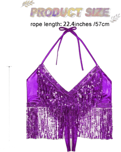 Sparkly Sequins Top Tassel Halter Tops Belly Dance Bra Top Glitter Crop Top for Women