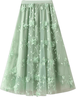 Women's Midi Tulle Skirt Elastic High Waist Skirt Floral Embroidery Layered Midi Skirt Pleated Mesh A-Line Skirt (Light Green,One Size)