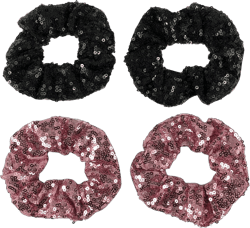4 Pcs Sequin Hair Scrunchie Hair Bobbles Metallic Elastics Ponytail Holders Hair Wrist Ties Bands Cloth Scrunchies for Show Gym Dance Party Club Girl Women (Black+Pink)