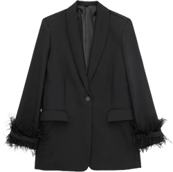 Willshela Women Fashion Satin Black With Feather Blazer Jacket Vintage Notched Neck Single Button Long Sleeves Female Outfits