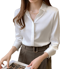 Women's Satin Blouse Fashion Long Sleeve Satin Silk Shirt Work Office Top Casual Shirt White X-Large