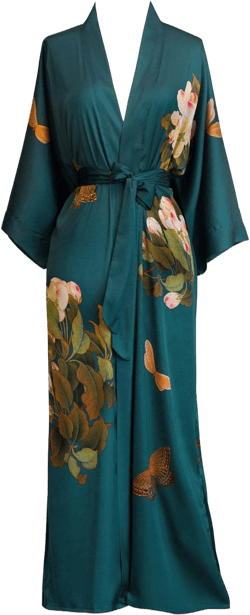 OLDSHANGHAI Women's Charmeuse Kimono Robe Long - Watercolor Floral - Peony & Butterfly- Vintage Teal (Blue)