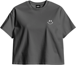 Dalix Smile Face Boxy Short Sleeve Tee Relaxed Summer Cotton Garment Dyed Womens in Asphalt Gray S Small