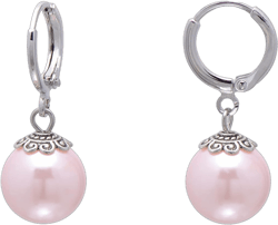 12 MM Shell Pearls Vintage Dangle Hoops Leverback Earrings for Women, Pink Nacre Pink Simulated Pearl