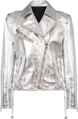 Women Metal Silver Leather Jacket Zipper Moto Outerwear Chic Lace-Up Leather Motorcycle Jackets Medium Silver