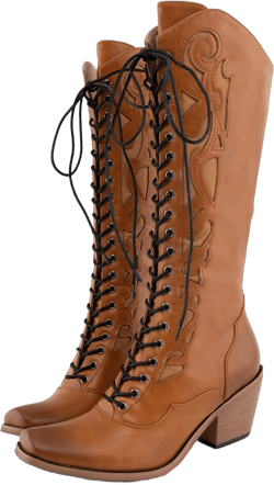 SO SIMPOK Lace-Up Cowboy Boots for Women, Vintage Knee-High Cowgirl Boots, Low Heel Mid-Calf Western Boots, Tall Square Toe Boots for Ladies 9.5 Brown