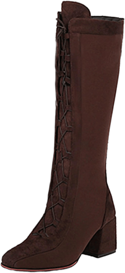 UniqueStride Women's Suede Knee High Boots Square Toe Lace up Chunky Heel Thigh High Winter Boots 8 Brown