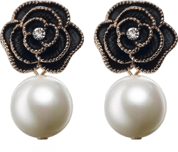 Fashion Designer Imitation Pearl Black Camellia Flower Charm Dangle Drop Earrings Studs For Women