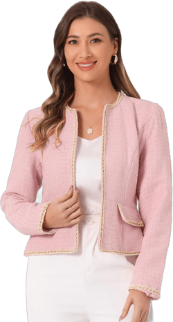 Allegra K Women's Christmas Plaid Tweed Blazer Long Sleeve Open Front Work Office Short Jacket Small Light Pink